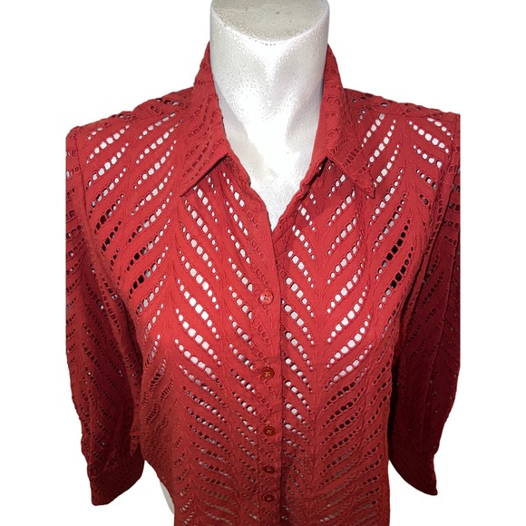 Chicos Rust Eyelet Chevron Button Up Shirt Top Women's Size M (1) Poplin Cutwork - Picture 2 of 8